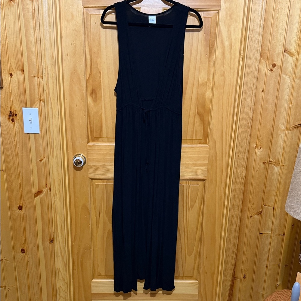 Kona Sol Black Sleeveless Open Front Swim Coverup Maxi w/ Drawstring Waist, L/XL - Picture 3 of 9